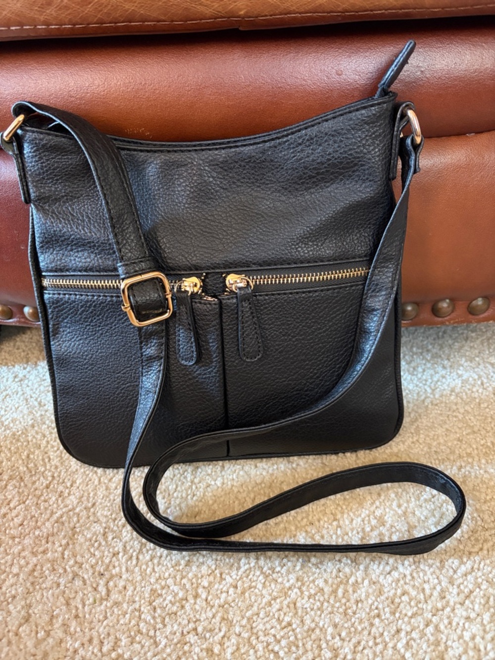 Classic Black Faux Leather Adjustable Shoulder Bag/Crossbody Bag - NWOT